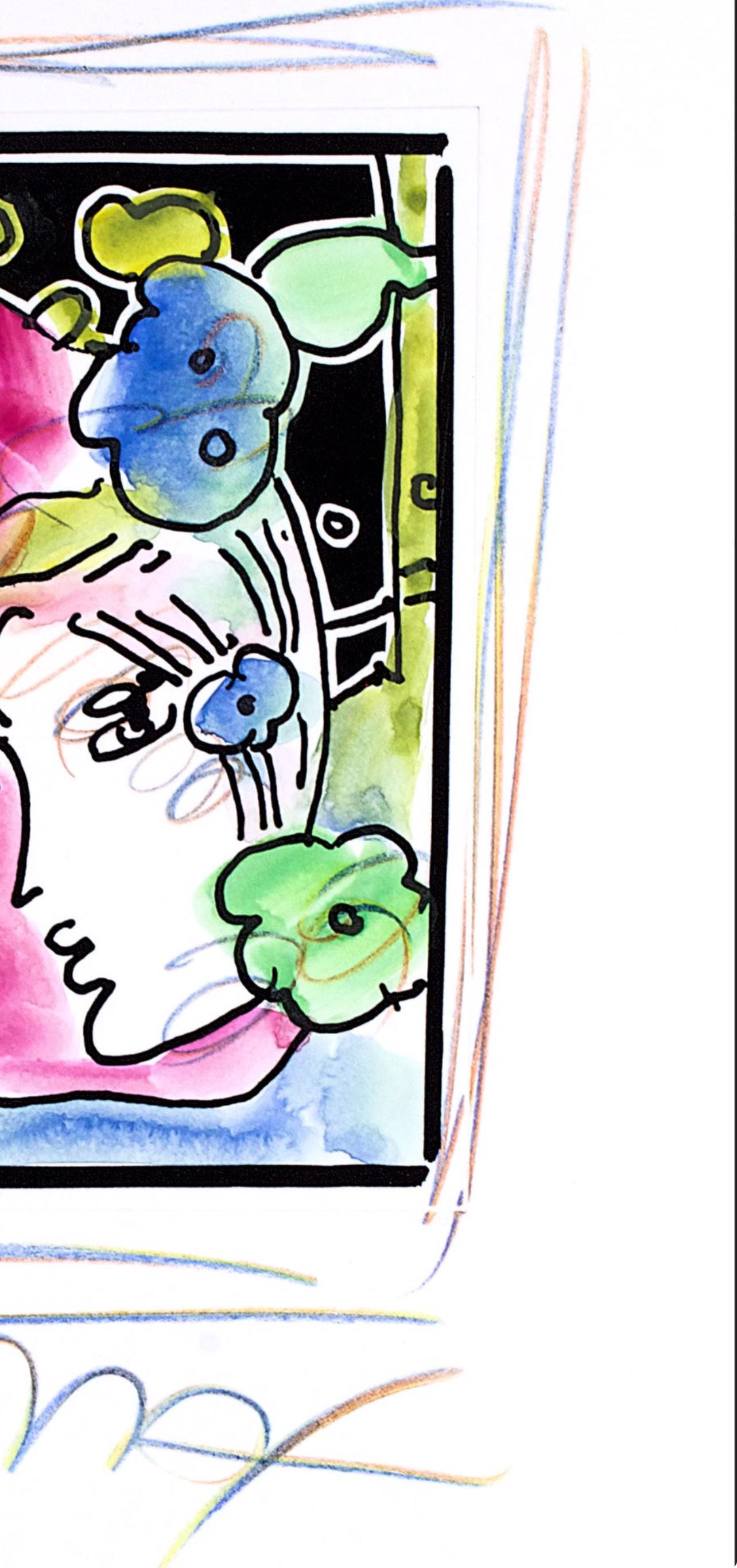 Peter Max, Profile With Vase, Black And White Series, Hand Signed, Official Edition Mixed Media