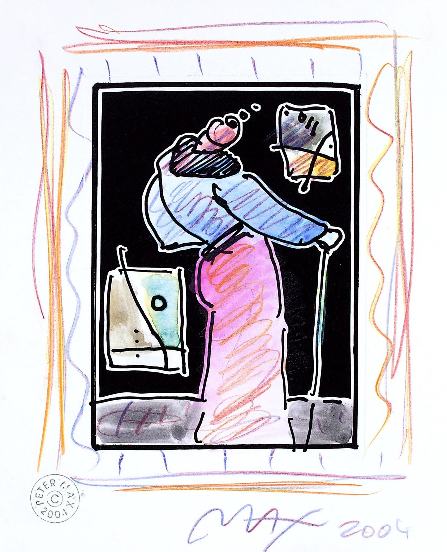 Peter Max, Sage With Cane Ii, Black And White Series, Hand Signed, Official Edition Mixed Media