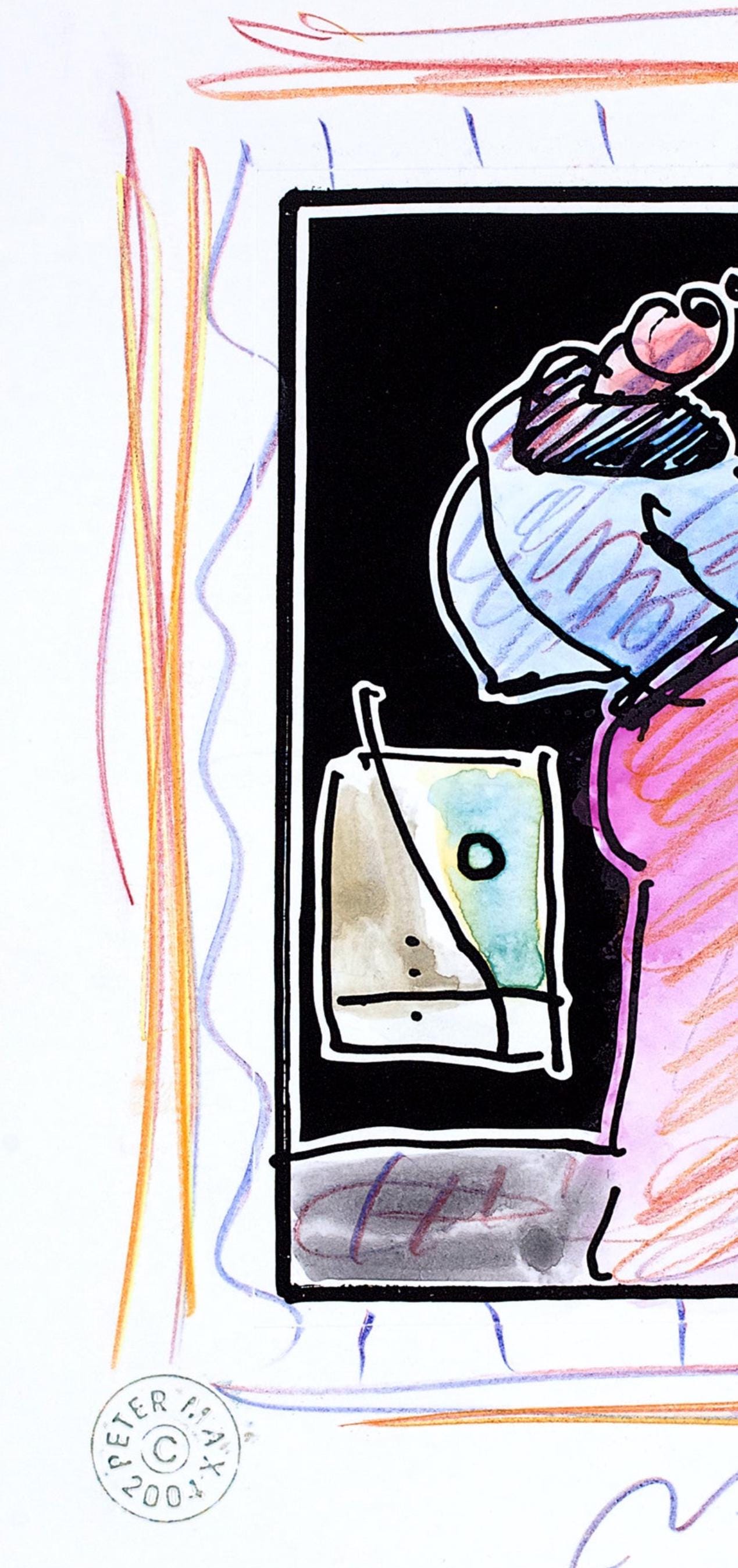 Peter Max, Sage With Cane Ii, Black And White Series, Hand Signed, Official Edition Mixed Media