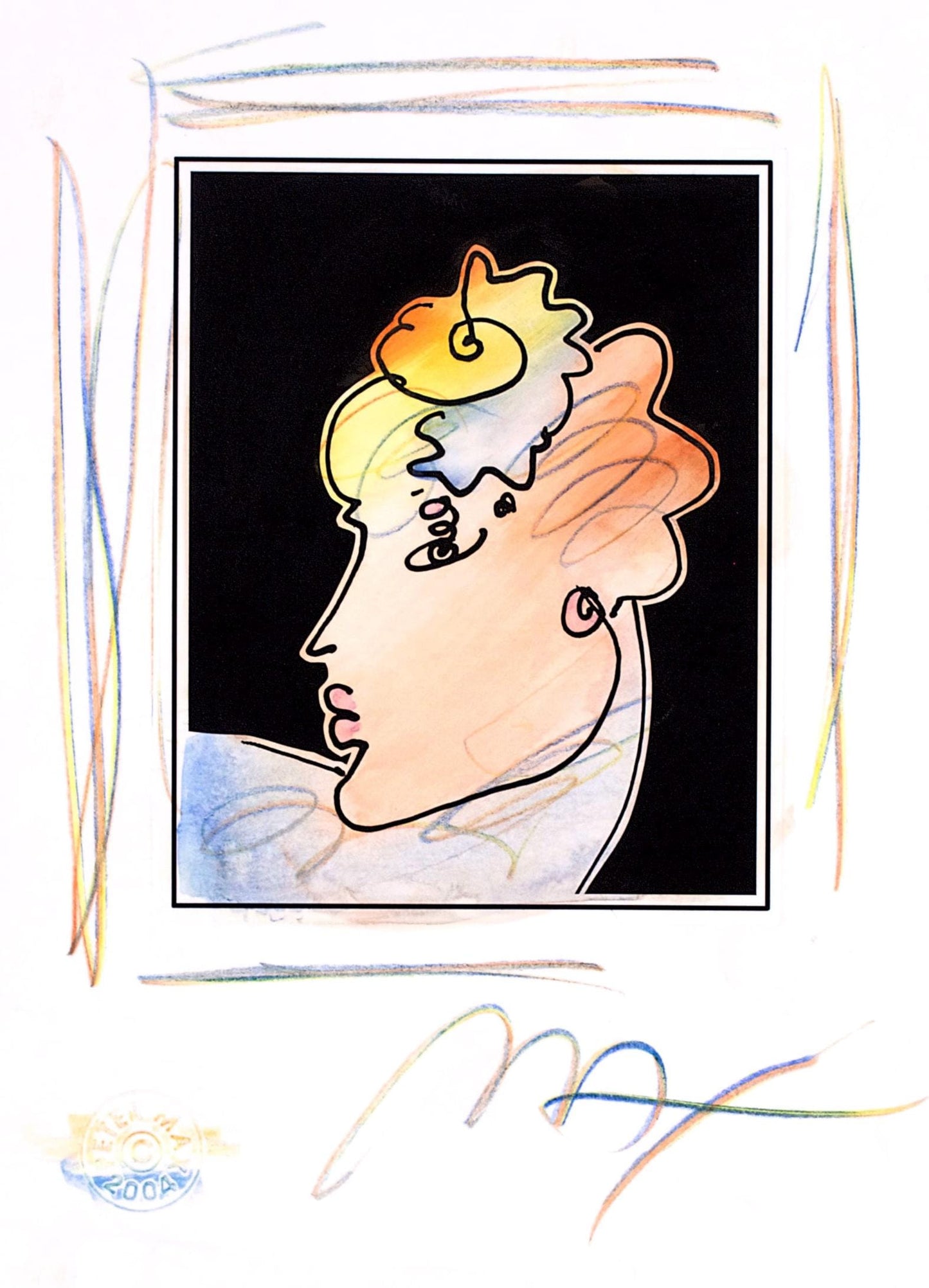 Peter Max, Lady Profile With Flower, Black And White Series, Hand Signed, Official Edition Mixed