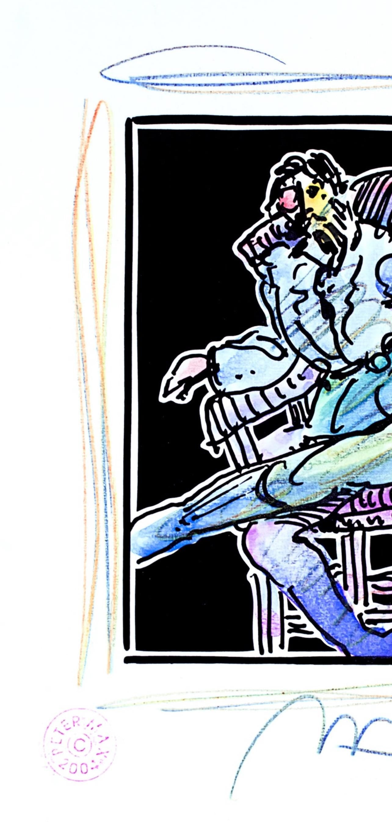 Peter Max, Seated Figure, Black And White Series, Hand Signed, Official Edition Mixed Media