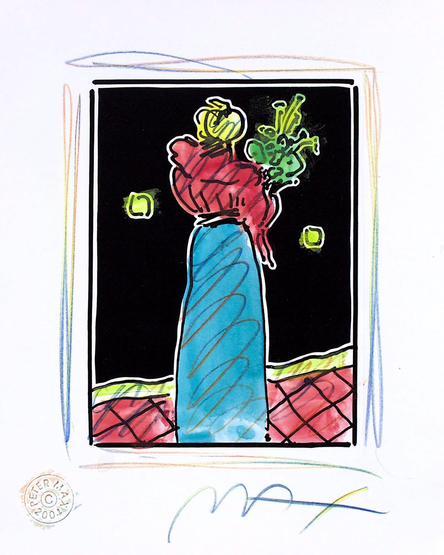 Peter Max, Woman With Flowers, Black And White Series, Hand Signed, Official Edition Mixed Media