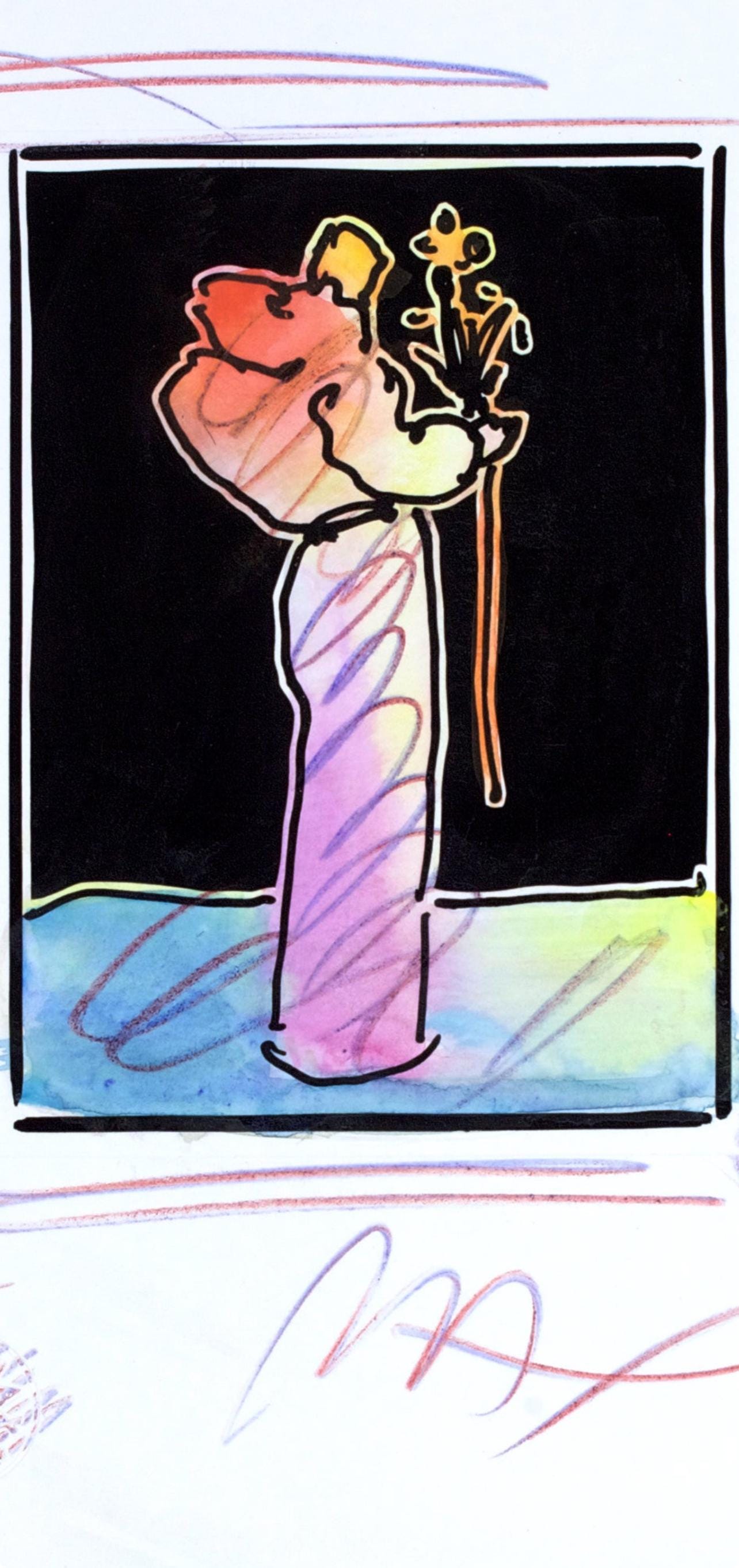 Peter Max, Sage With Flowers, Black And White Series, Hand Signed, Official Edition Mixed Media