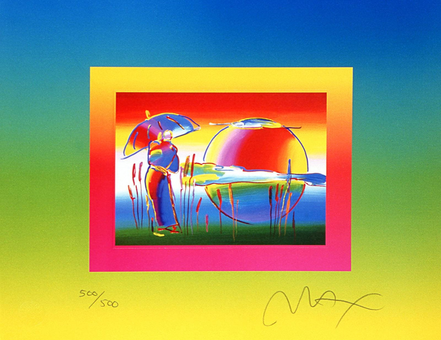Peter Max, Rainbow Umbrella Man On Blends, Hand Signed, Official Lithograph