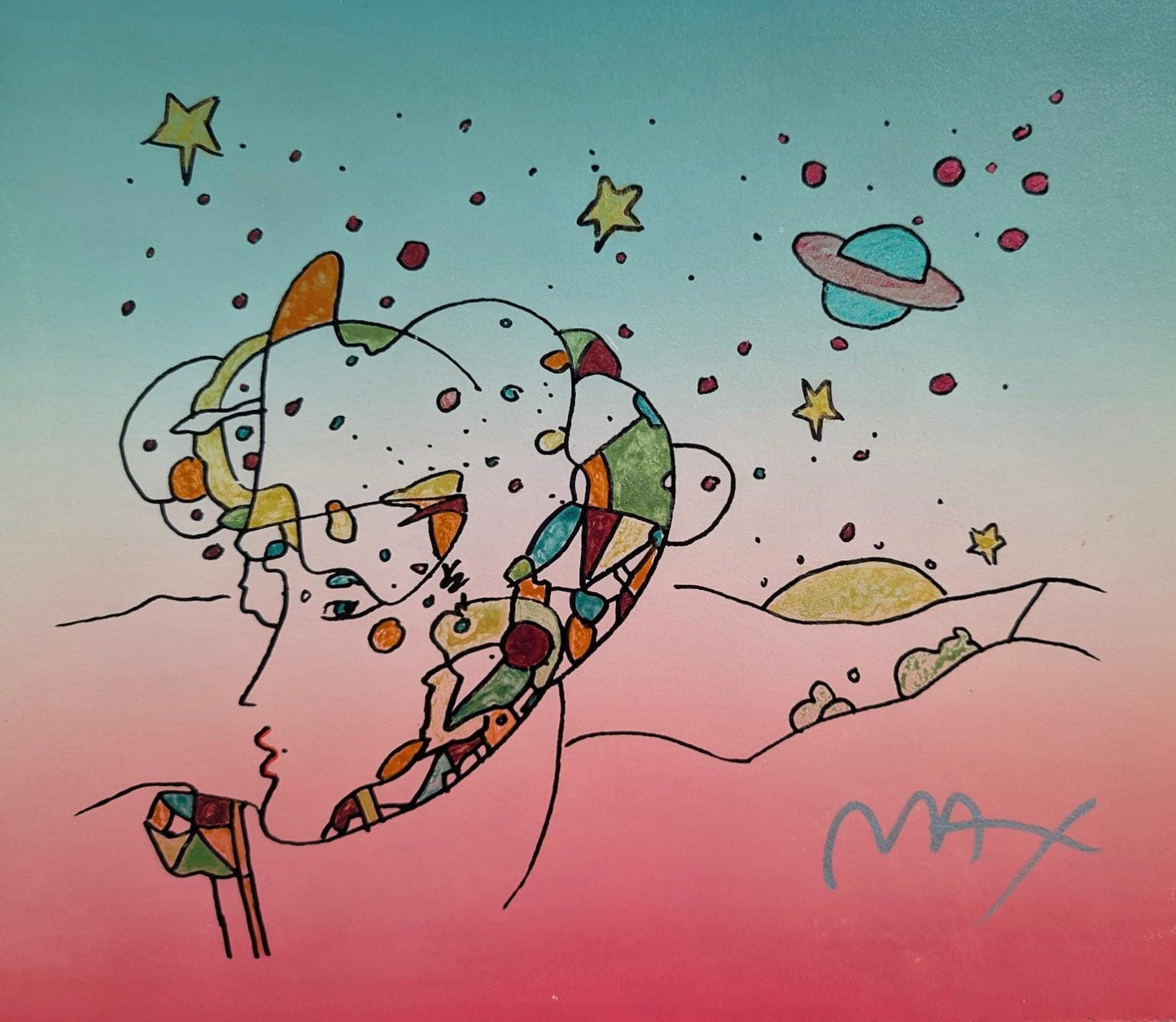 Peter Max, Galaxy Profile, Hand Signed, Mixed Media Watercolor And Silkscreen Painting