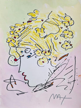 Peter Max, Lady Profile, Hand Signed, Mixed Media Watercolor And Silkscreen Painting