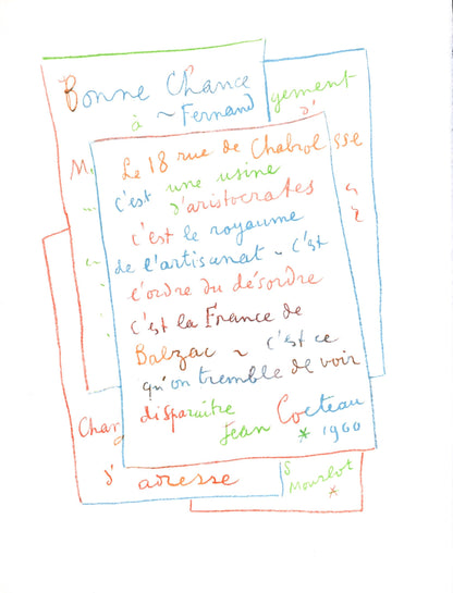 Jean Cocteau, Manuscrit, Souvenirs Et Portraits D'Artistes, Lithograph