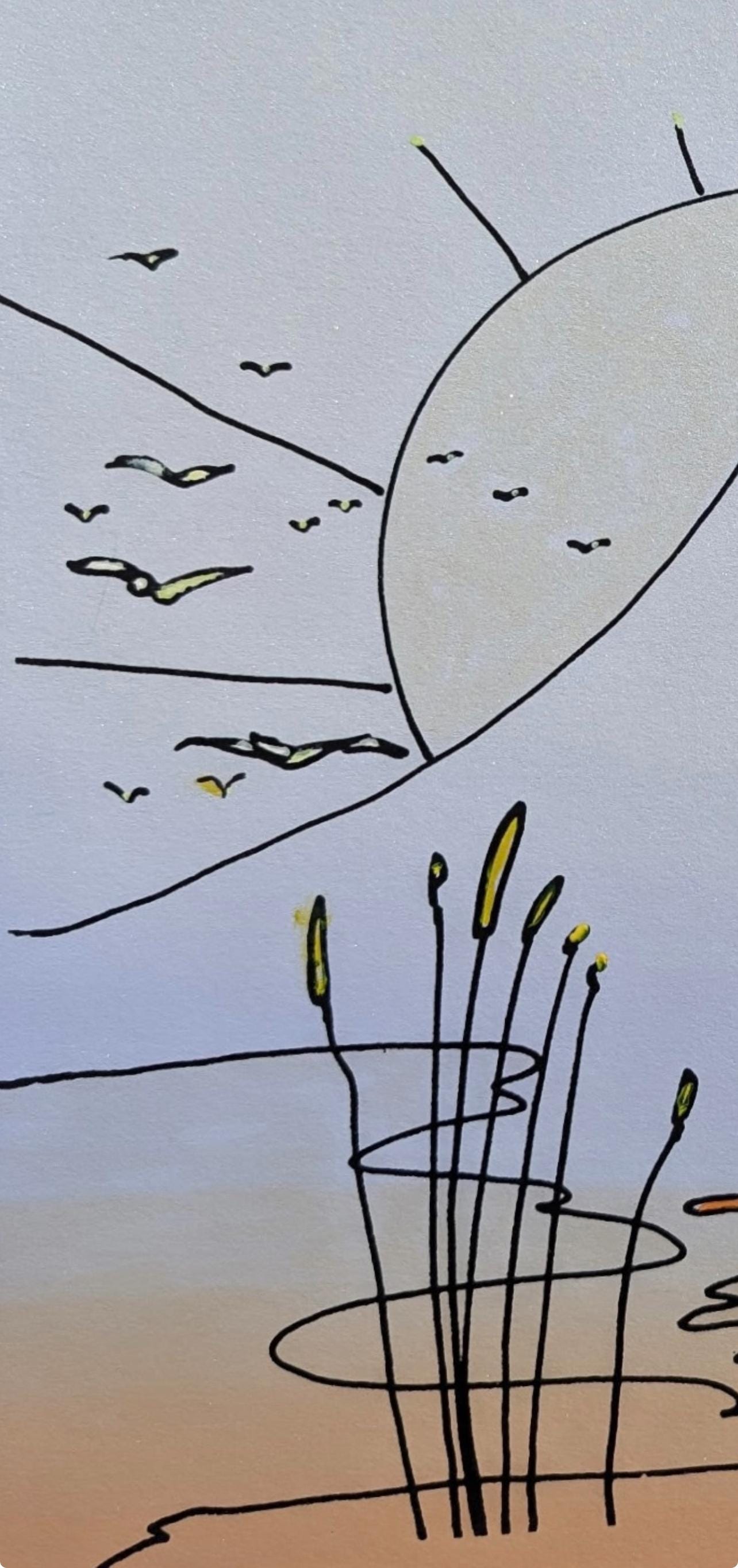 Peter Max, Himalayan Mountain With Sailboat, Hand Signed, Mixed Media Watercolor And Silkscreen