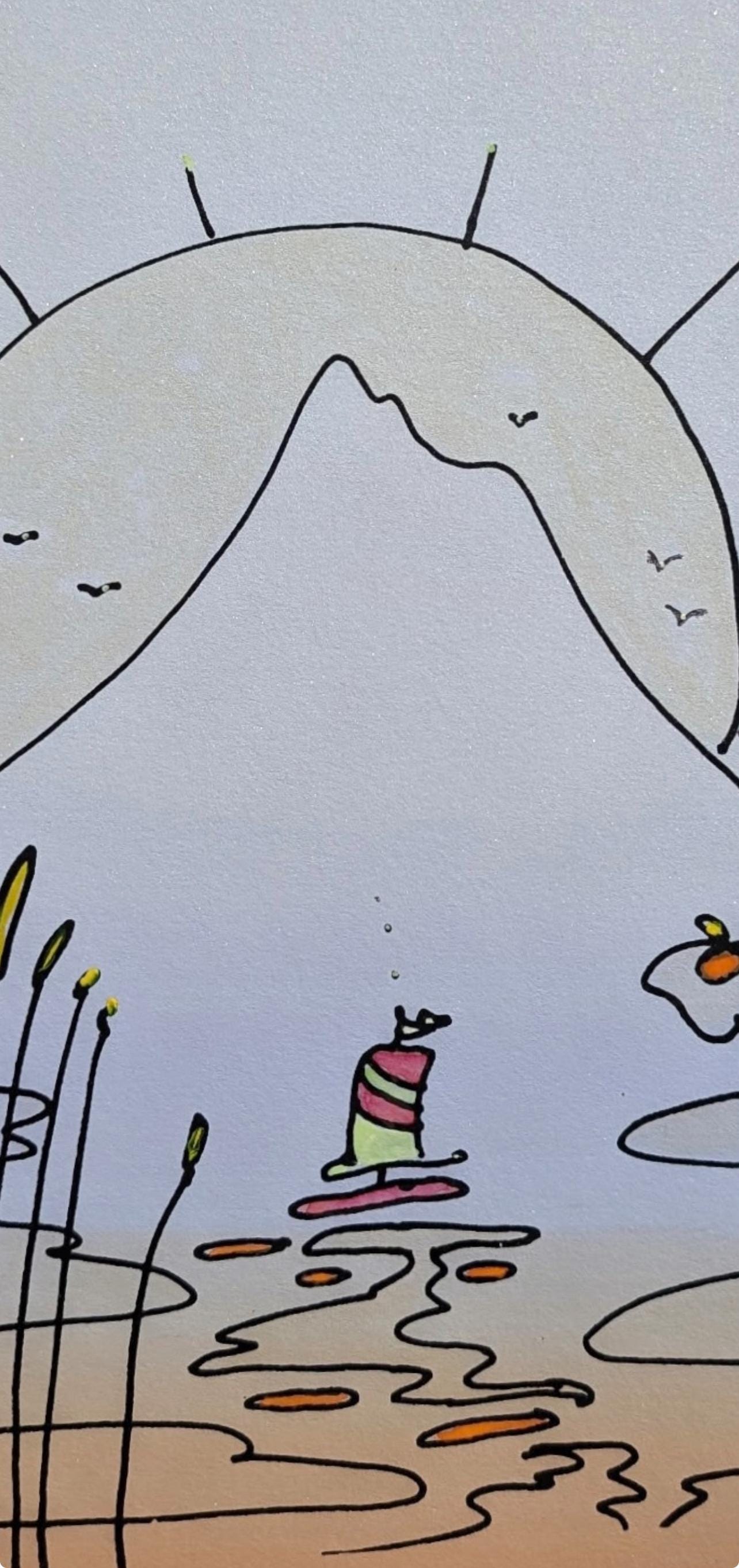 Peter Max, Himalayan Mountain With Sailboat, Hand Signed, Mixed Media Watercolor And Silkscreen