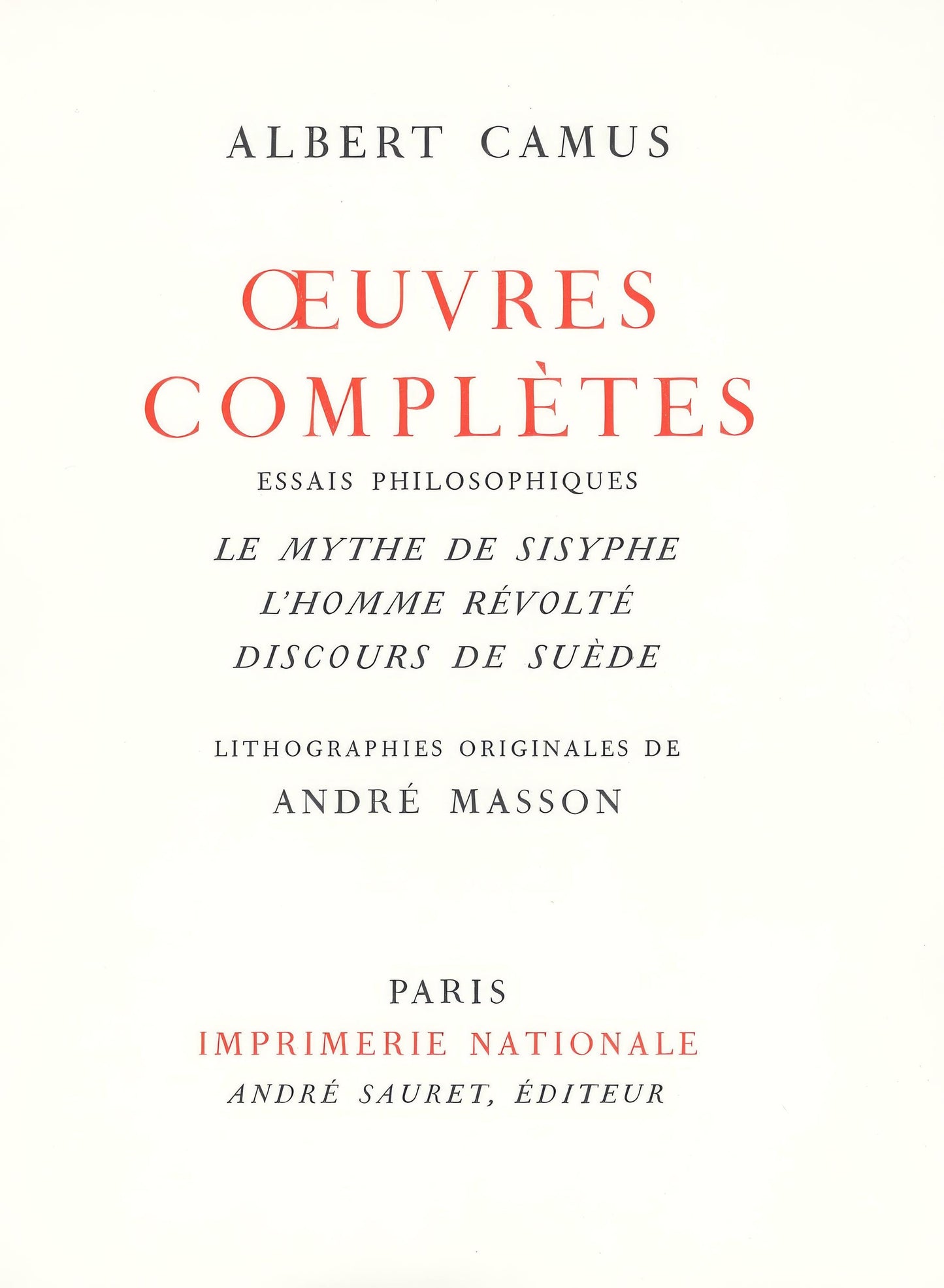 Masson Andre, Albert Camus, from oeuvres completes Lithograph 1962
