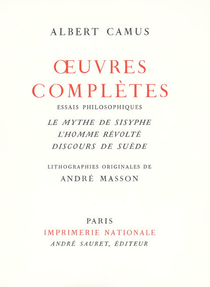Masson Andre, Albert Camus, from oeuvres completes Lithograph 1962