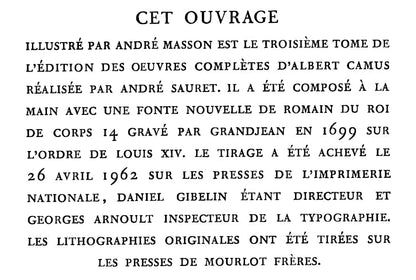Masson Andre, Albert Camus, from oeuvres completes Lithograph 1962