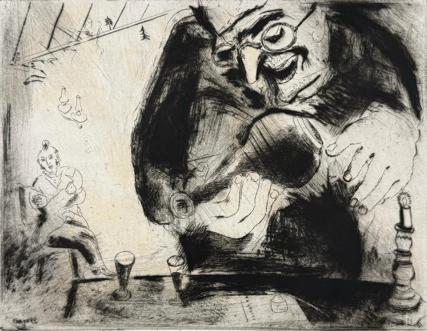 Marc Chagall, Pliouchkine Offers a Drink, from Dead Souls, Etching, 19231927
