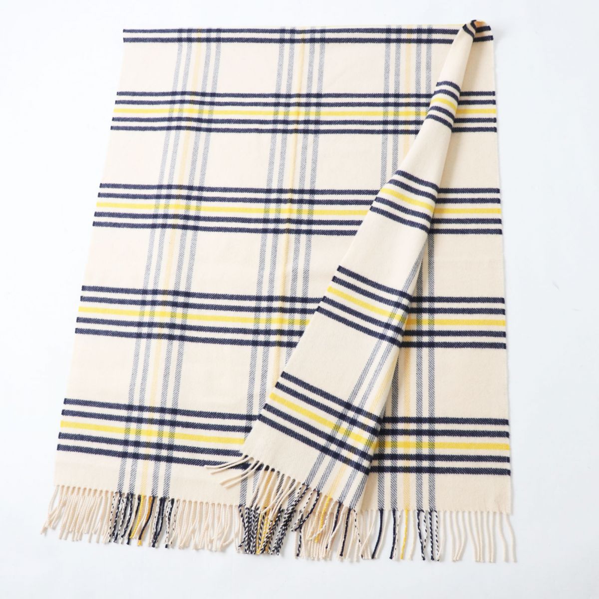 Hermes Scarf Image Reference Light Beige X Navy X Yellow<Br>
Check Pattern Women