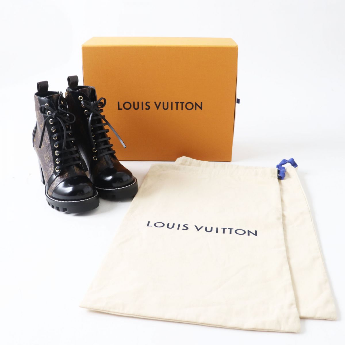 Louis Vuitton Boots Patent Leather X Monogram Canvas Black X Brown (Monogram Pattern) Women 37