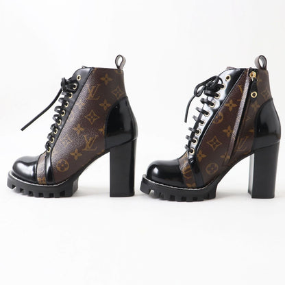 Louis Vuitton Boots Patent Leather X Monogram Canvas Black X Brown (Monogram Pattern) Women 37