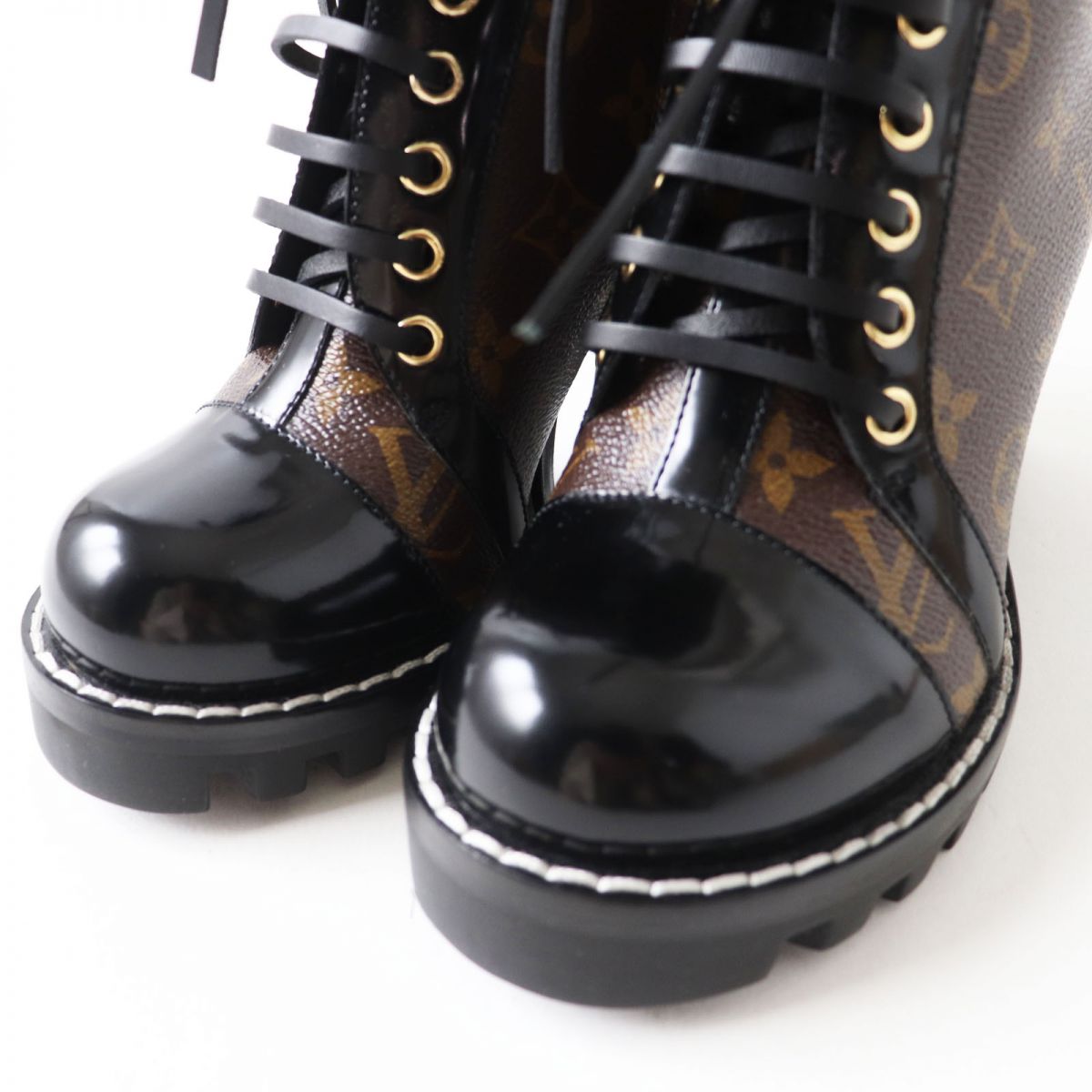 Louis Vuitton Boots Patent Leather X Monogram Canvas Black X Brown (Monogram Pattern) Women 37