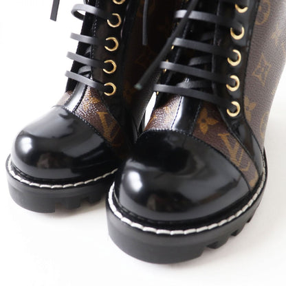 Louis Vuitton Boots Patent Leather X Monogram Canvas Black X Brown (Monogram Pattern) Women 37