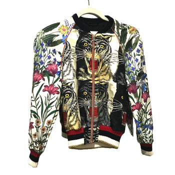Gucci Blouson 476247 Silk, Sequins White X Multicolor Tiger Print Bomber Jacket Jacket Outerwear