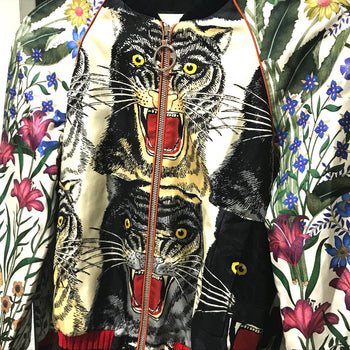 Gucci Blouson 476247 Silk, Sequins White X Multicolor Tiger Print Bomber Jacket Jacket Outerwear