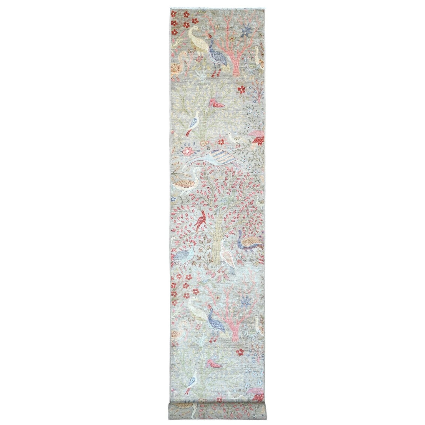 3'X19'5" Gray Afghan Peshawar Birds Design Hand Knotted Wool Runner Rug