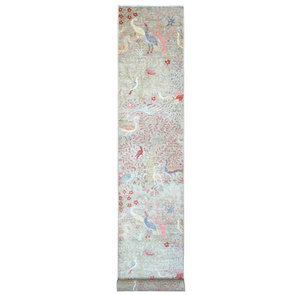 3'X19'5" Gray Afghan Peshawar Birds Design Hand Knotted Wool Runner Rug