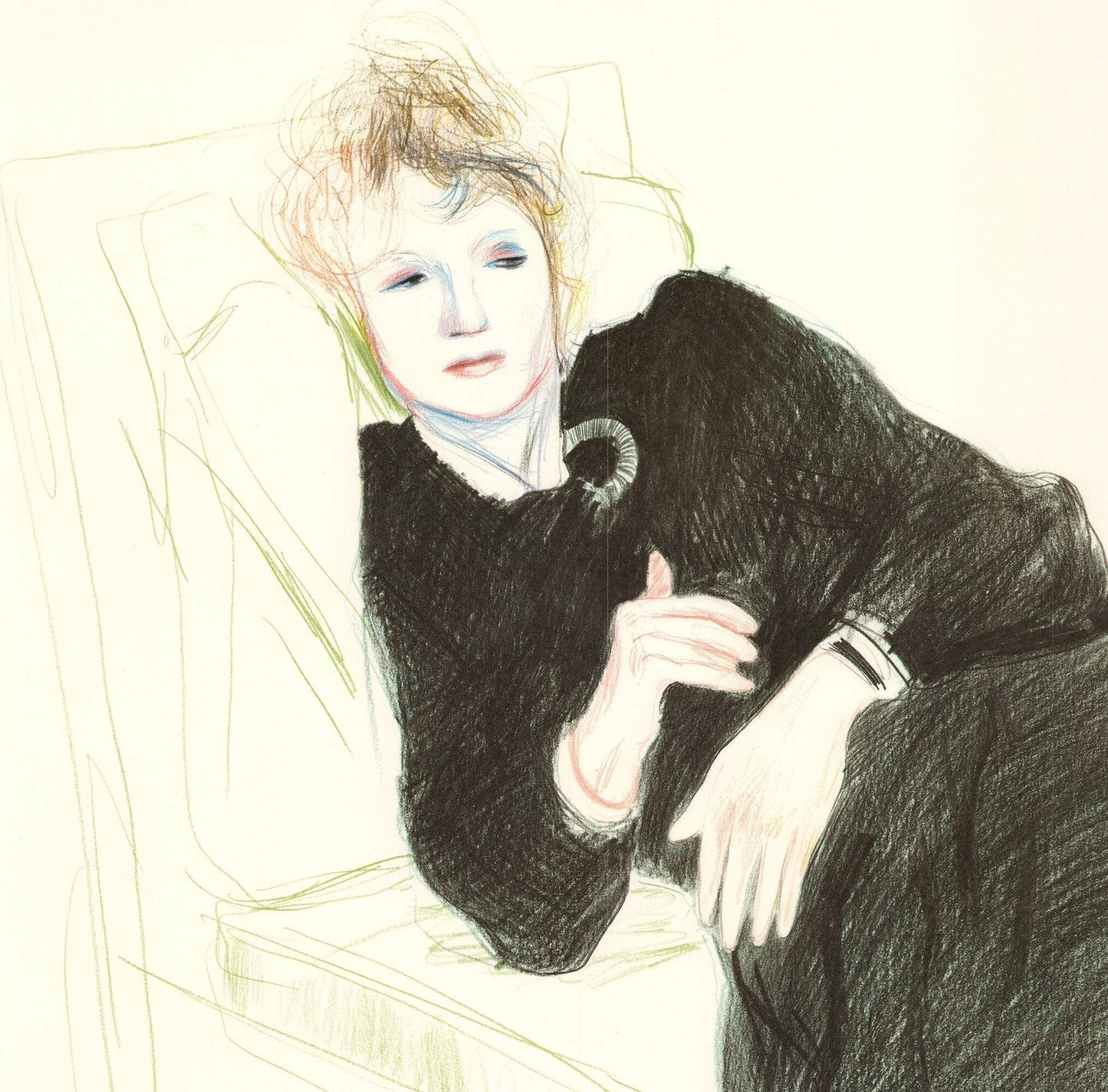 David Hockney Portrait Of Celia In A Black Dress With Colored Border " L