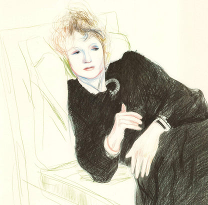 David Hockney Portrait Of Celia In A Black Dress With Colored Border " L