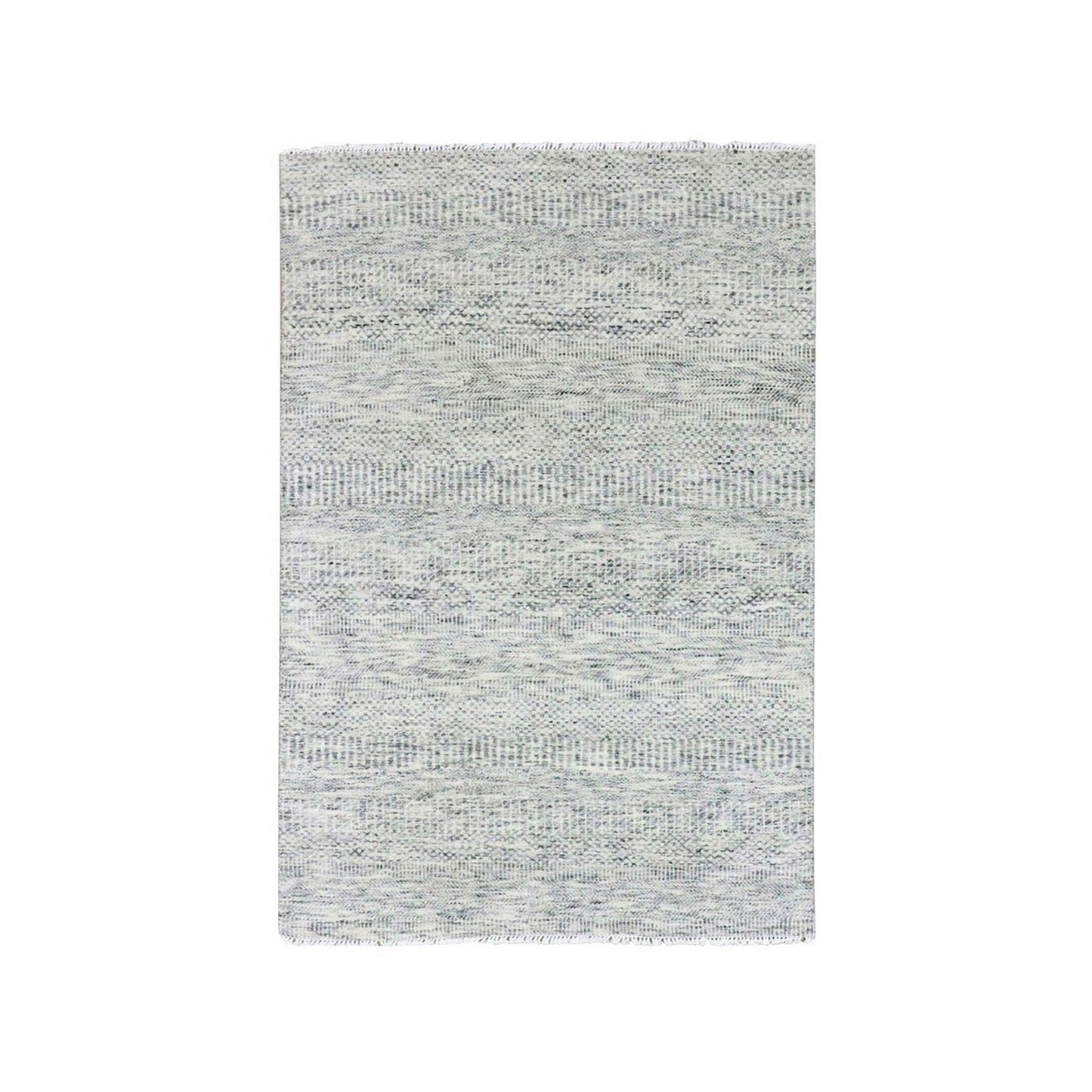 4'X6'4" Platinum Gray Grass Design Pure Undyed Wool Hand Knotted Rug
