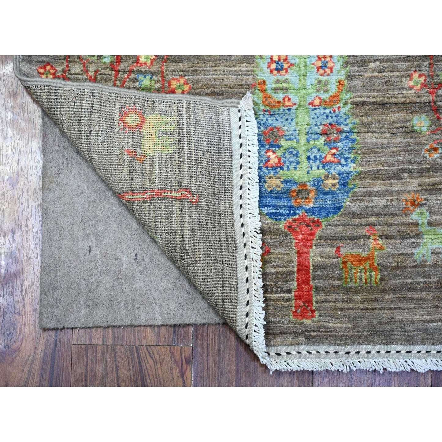 2'5"X11'2" Gray Wool Hand Knotted Folk Art Willow Cypress Tree Runner Rug