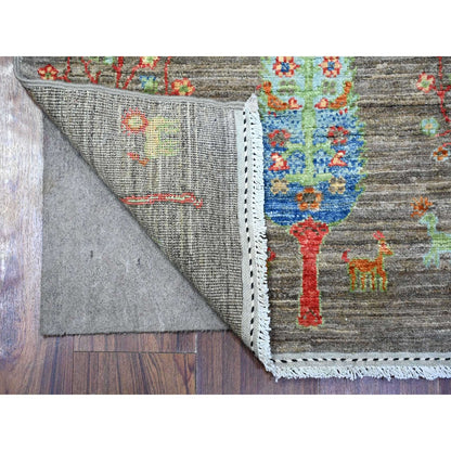 2'5"X11'2" Gray Wool Hand Knotted Folk Art Willow Cypress Tree Runner Rug