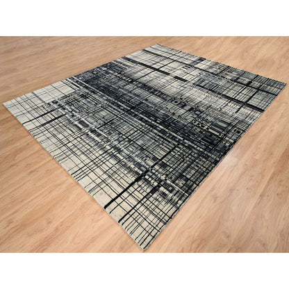 8'2"X9'9" Black Modern Lines Design Ghazni Wool Hand Knotted Rug
