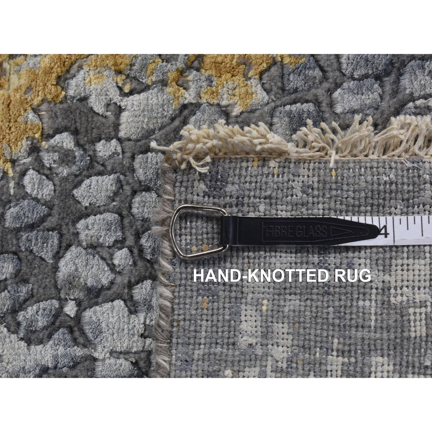 3'X8' Gray Zoroastrian Design Wool And Silk Hand Knotted Wide Runner Rug