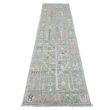 2'8"X10' Green Angora Oushak Tree Design All Wool Hand Knotted Runner Rug