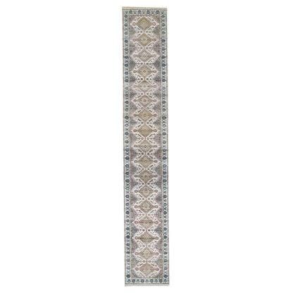 2'7"X18' Ivory Hand Knotted Flower Rosettes Border Xl Runner Oriental Rug