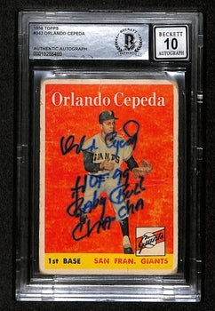 Orlando Cepeda Hof Signed/Inscr 1958 Topps Rc Card #343 Bas/Beckett Gem Mint 10