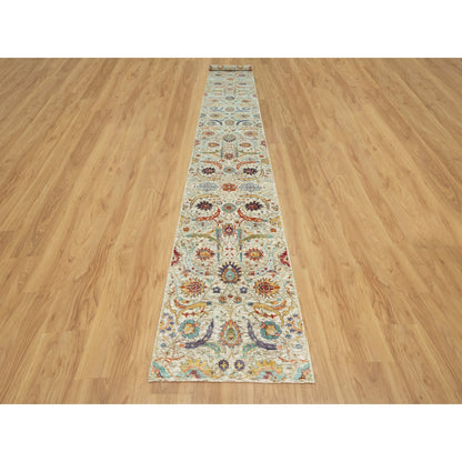 2'7"X18' Wimborne White Hand Knotted Wool And Silk Sickle Design Rug