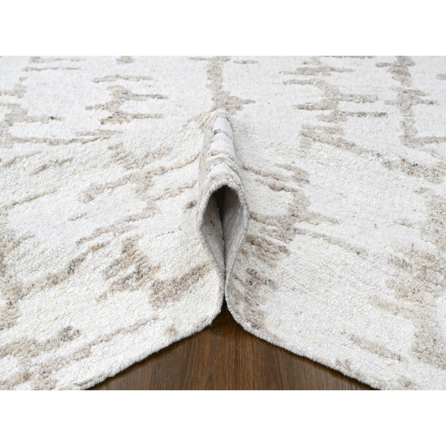 9'10"X13'10" Ivory Flat Weave With Pile Modern Hand Knotted Pure Wool Rug