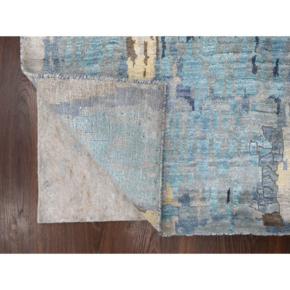 2'6"X17'9" Blue Mosaic Design Wool And Silk Hand Knotted Xl Runner Rug