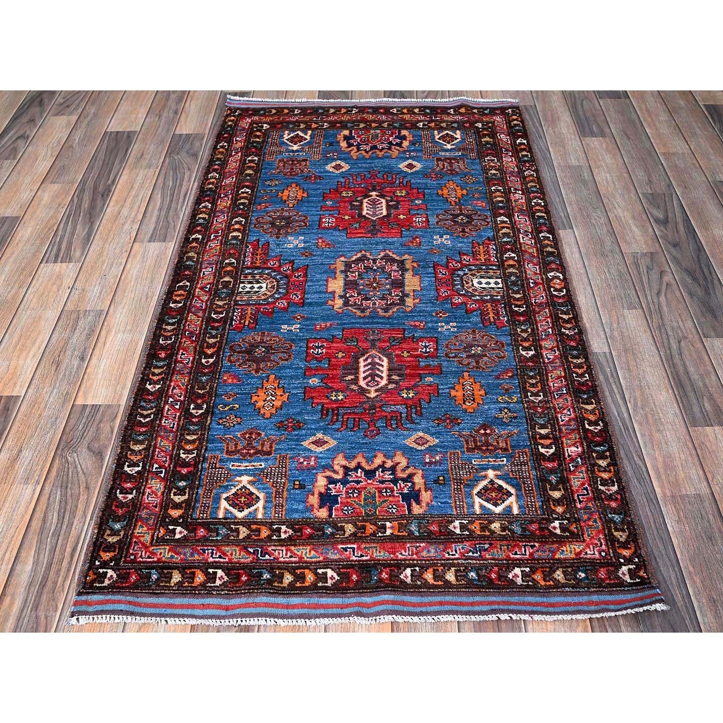 2'10"X4'9" Blue Afghan Caucasian Design Revival Hand Knotted Soft Wool Rug