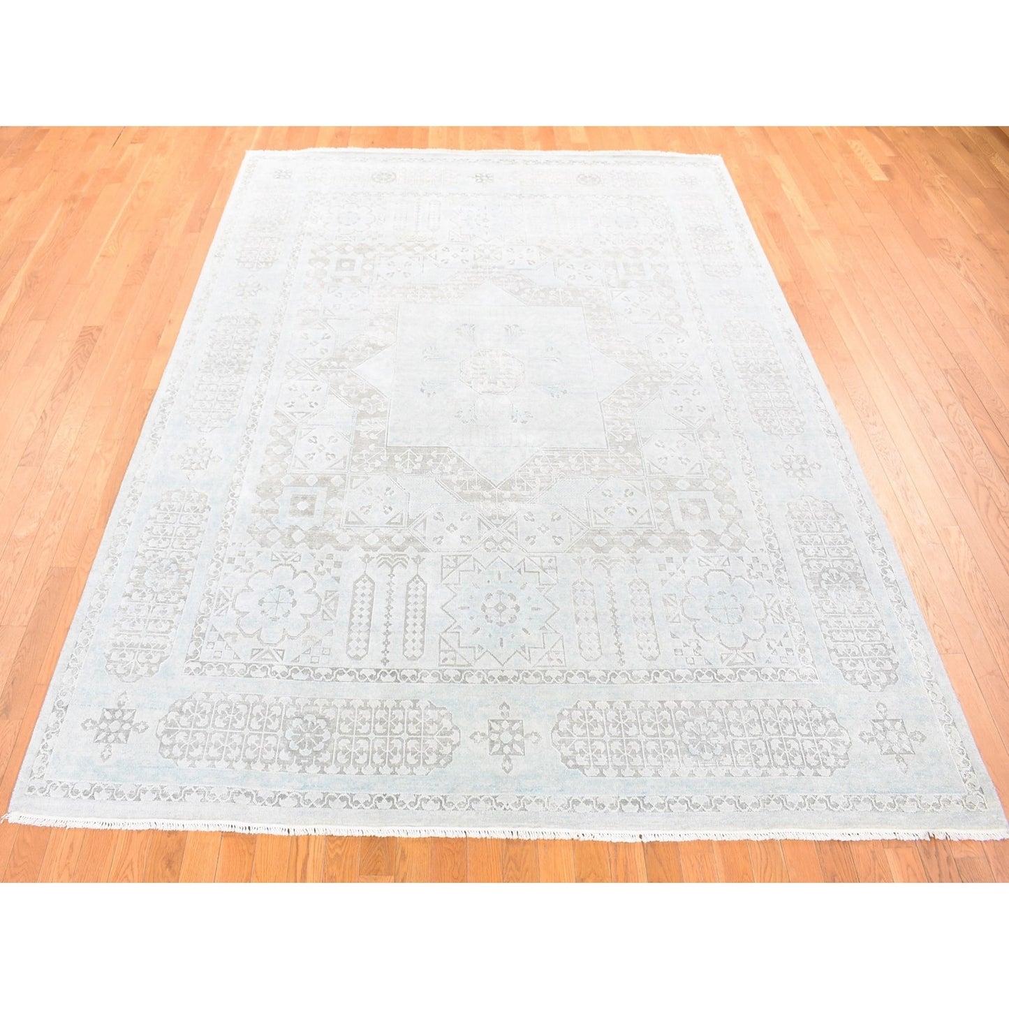8'1"X10'5" Light Green Hand-Knotted Mamluk Design Pure Silk With Wool Rug