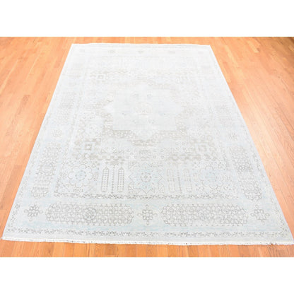 8'1"X10'5" Light Green Hand-Knotted Mamluk Design Pure Silk With Wool Rug