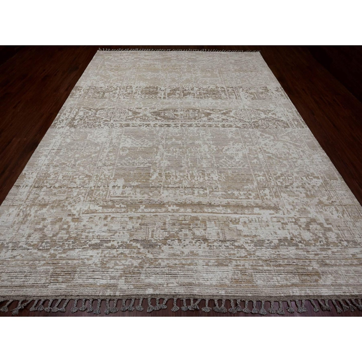 9'1"X12'5" Brown Moroccan Weave Erased Pattern Hand Knotted Pure Wool Rug