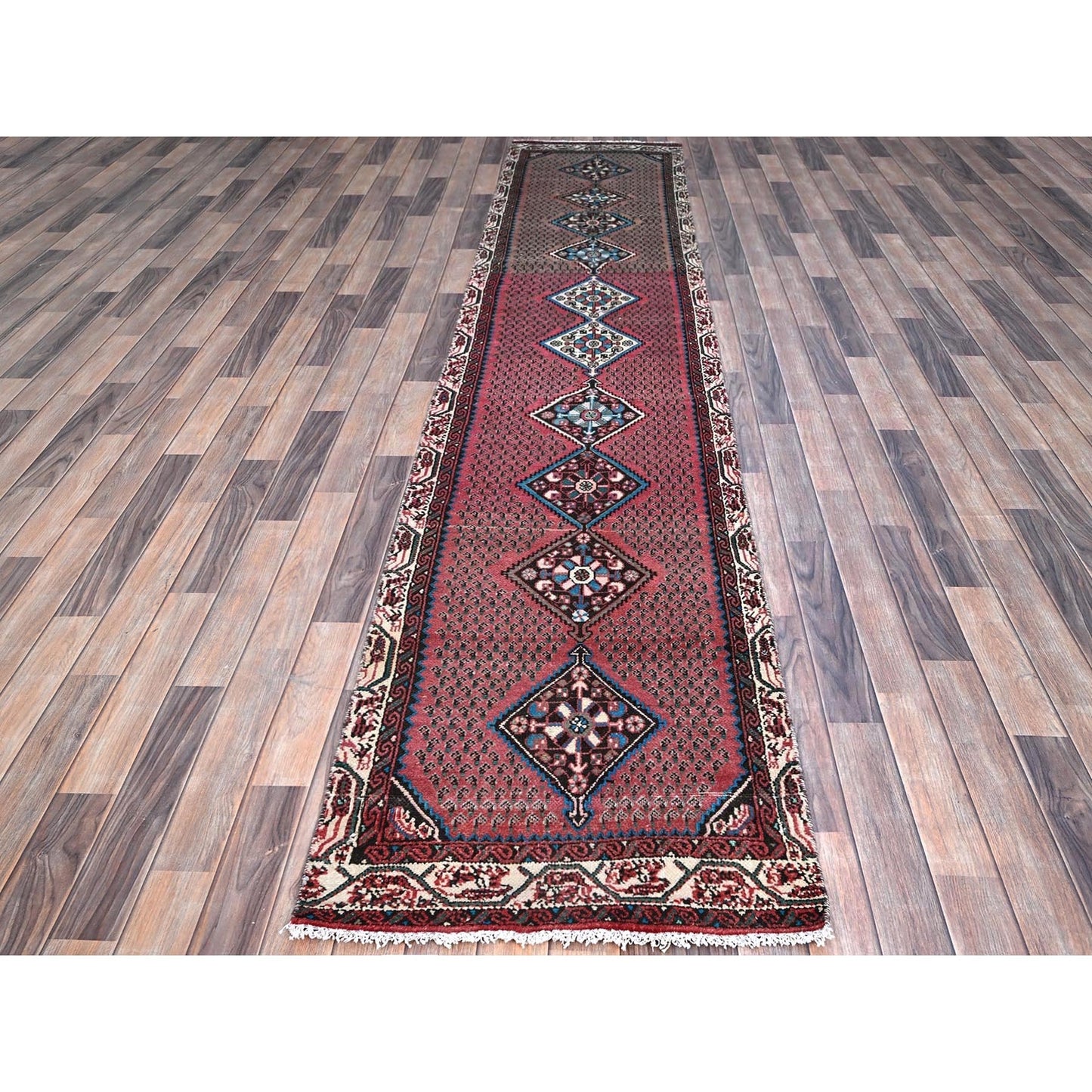 2'6"X12'9" Red Distressed Look With No Holes Vintage Runner Oriental Rug