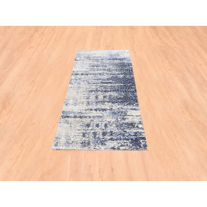 2'5"X6'1" Blue Abstract Mosaic Design Wool-Silk Hand Knotted Runner Rug