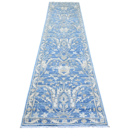 2'9"X11'5" Blue Washed Out Peshawar Wool Hand Knotted Runner Oriental Rug