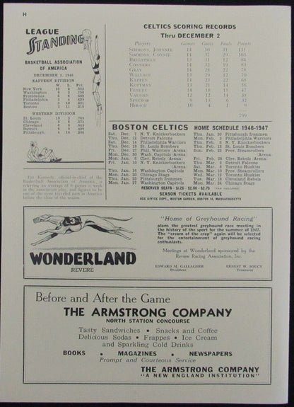 Vintage 1946 Boston Celtics Vs. Detroit Falcons