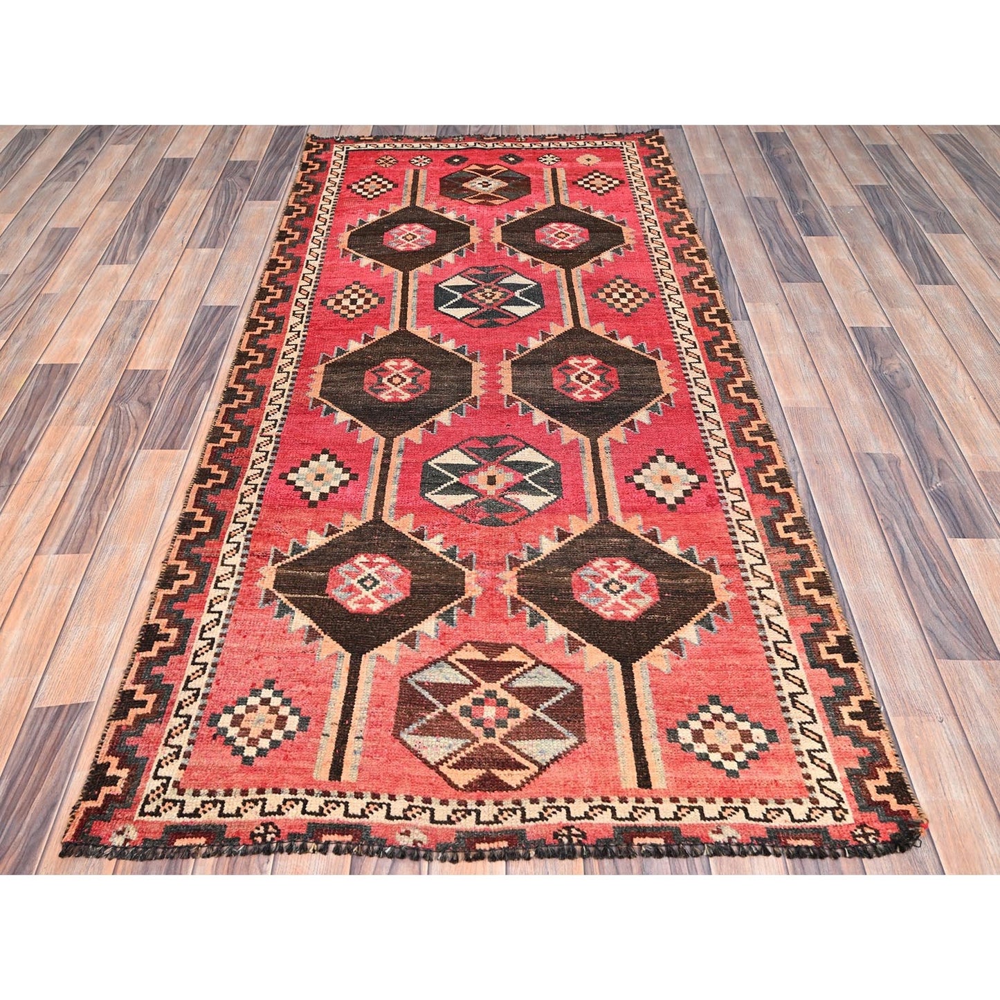 3'5"X6'10" Red Evenly Worn Wool Hand Knotted Oriental Rug