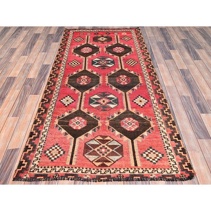 3'5"X6'10" Red Evenly Worn Wool Hand Knotted Oriental Rug