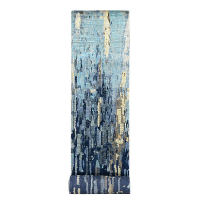 2'6"X17'9" Blue Mosaic Design Wool And Silk Hand Knotted Xl Runner Rug